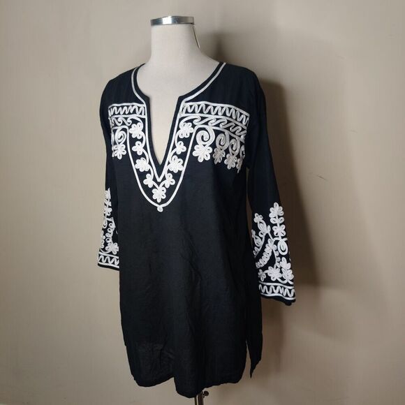 Barbara Gerwit Embroidered Tunic Top Black Cotton Side Slits - Picture 3 of 10